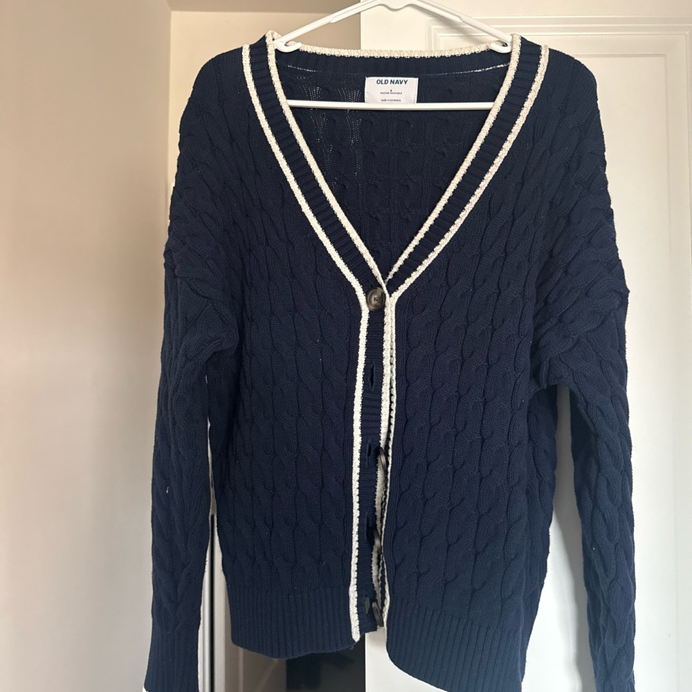 Old Navy Navy Cable-Knit V-Neck Cardigan with White Trim